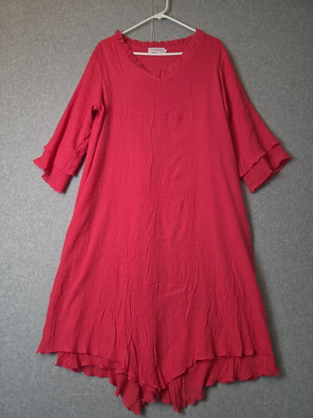 Grace & Joy Silk Blend Pink 3/4 Sleeve V Neck Handkerchief Hem Tunic Dress Large